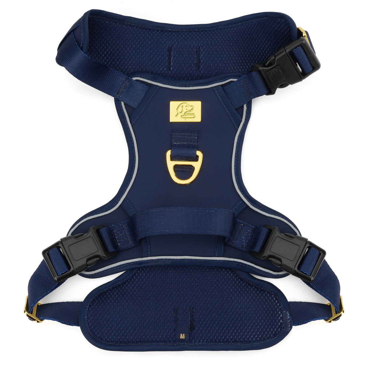 TidyTails Premium No-Pull Harness in navy with gold-tone hardware