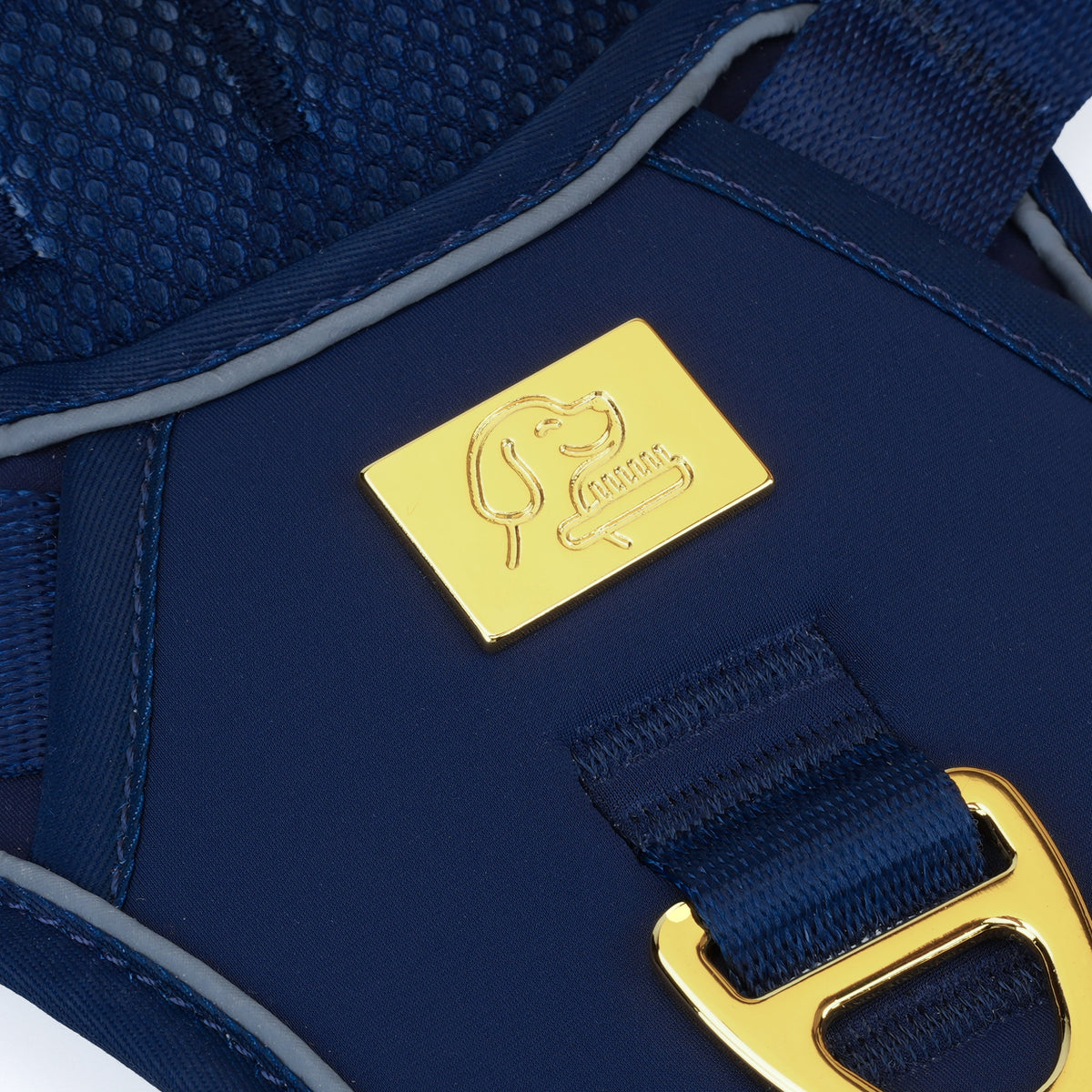 Close-up of the gold TidyTails logo and front leash attachment