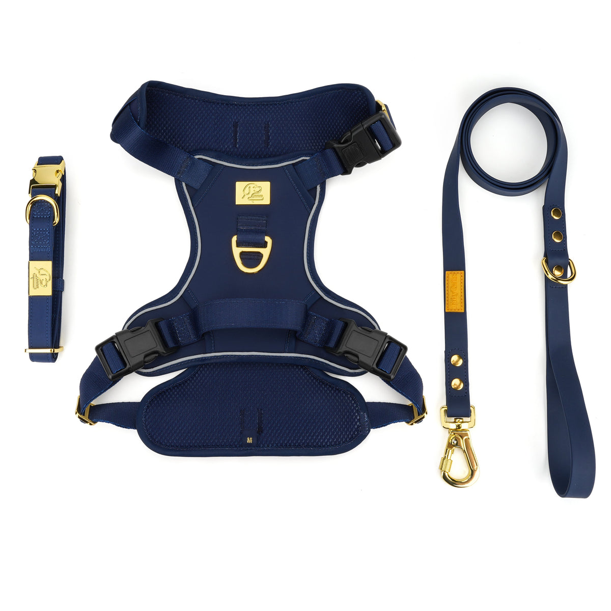 TidyTails Premium Walking Set in navy and gold, including harness, collar and leash