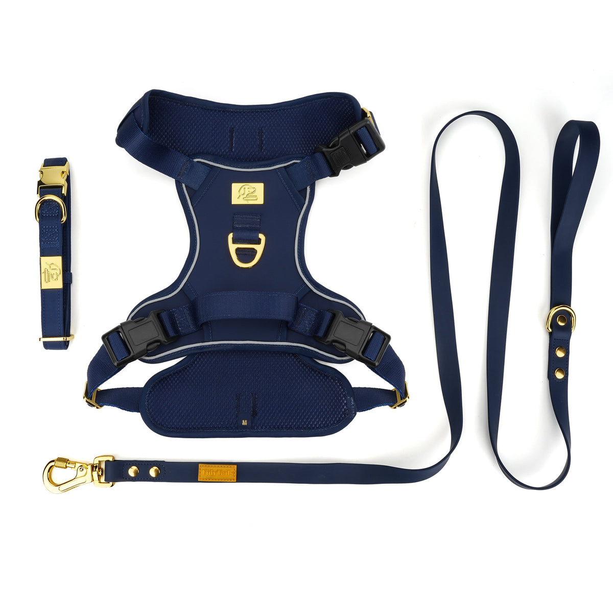 Complete TidyTails navy and gold walking set laid flat
