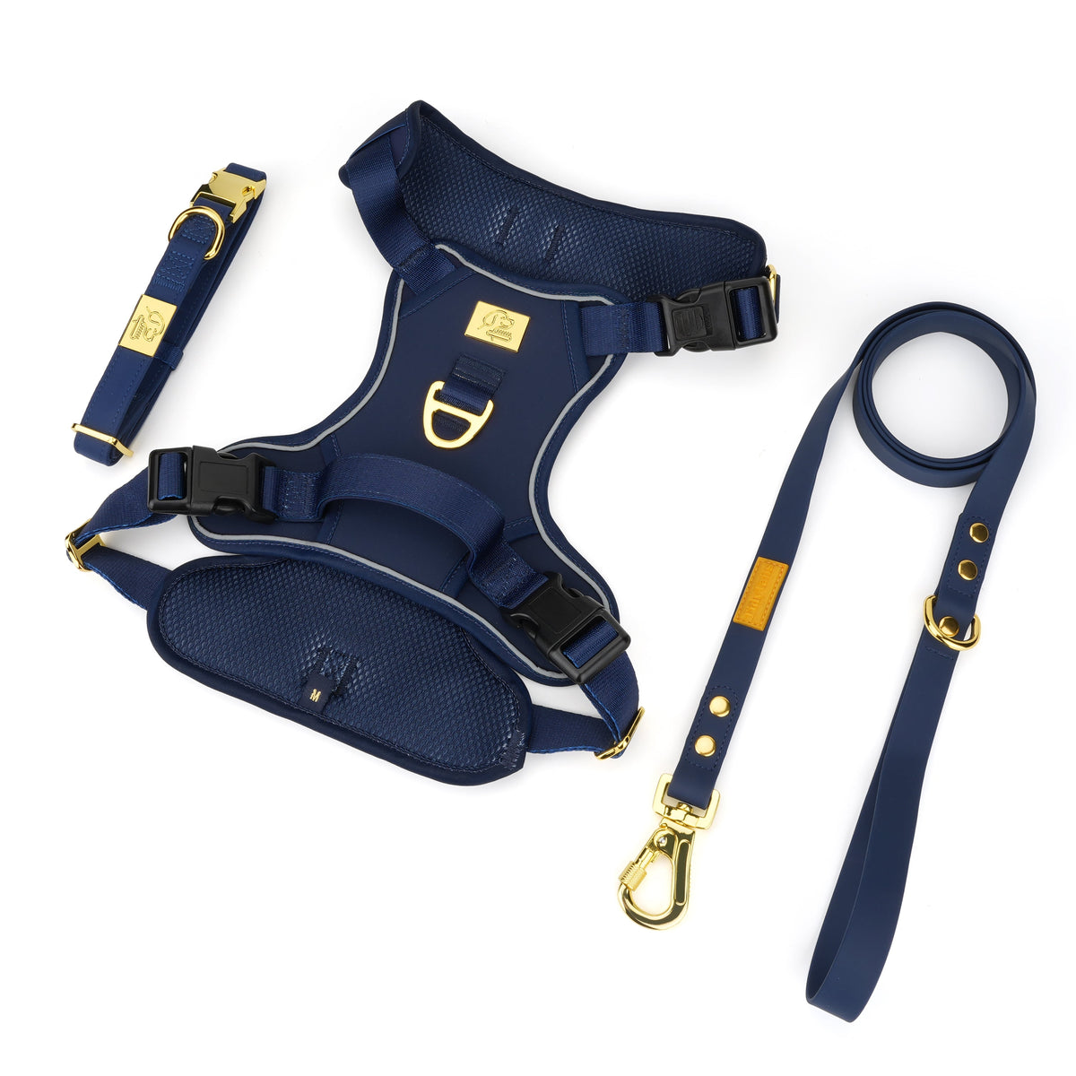 Angled view of the complete TidyTails navy and gold walking set